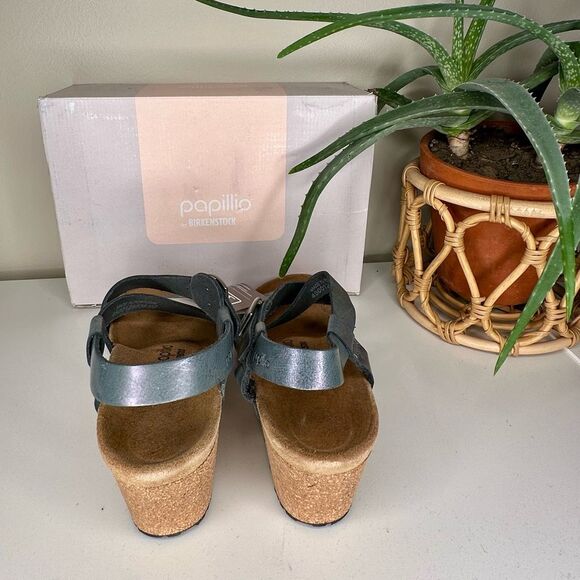 Birkenstock Papillio Sibyl Ring Buckle Metallic Black Leather Wedge Sandals 11 - Picture 5 of 12